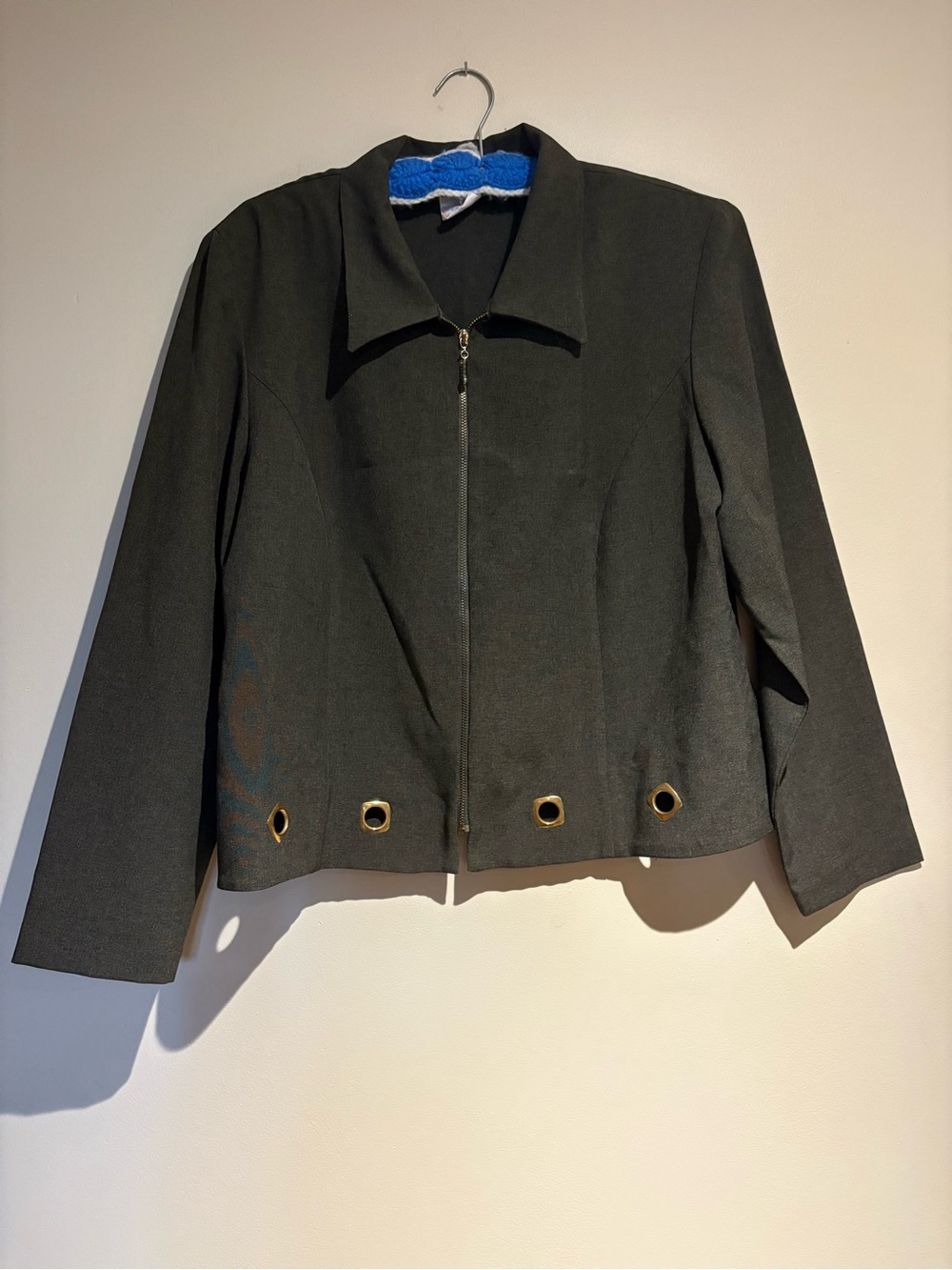 Vintage Grapevine Zippered Jacket Size 15 Green Gold Tone Grommets Eyelets